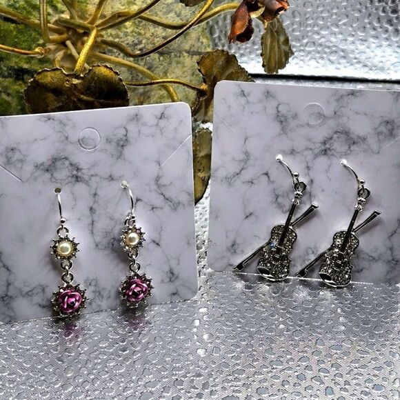 Jewelry - "5/$40" 2 Pairs Rhinestone Pink Flower/Violin Silver Tone Dangle Earrings